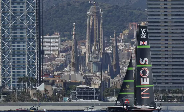 INEOS Britannia sailing team competes during the Louis Vuitton Cup Final Day 7 at the Barcelona's coast, Spain, Friday, Oct. 4, 2024. (AP Photo/Joan Monfort)