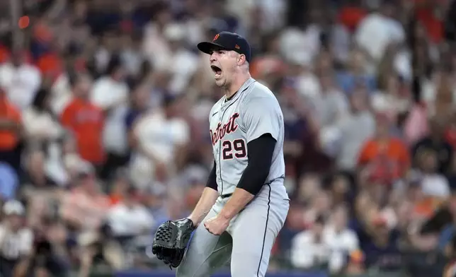 Detroit Tigers starting pitcher Tarik Skubal reacts after striking out Houston Astros' Yainer Diaz during the sixth inning of Game 1 of an AL Wild Card Series baseball game, Tuesday, Oct. 1, 2024, in Houston. (AP Photo/Kevin M. Cox)