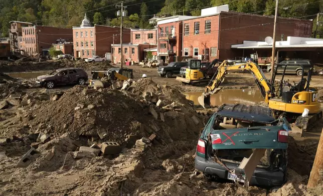 Debris left in the aftermath of Hurricane Helene fills the street Tuesday, Oct. 1, 2024, in Marshall, N.C. (AP Photo/Jeff Roberson)