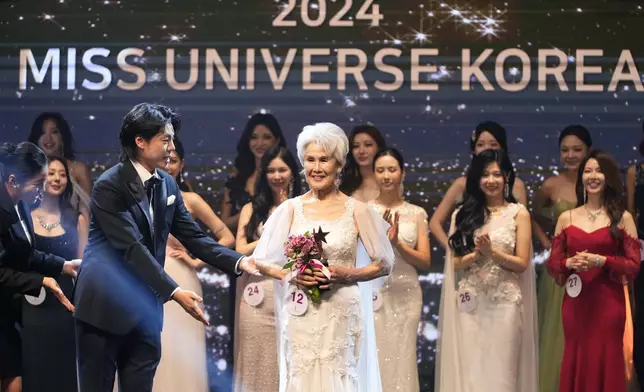 South Korean Choi Soon-hwa, 81-year-old, poses after winning the best dress award for the 2024 Miss Universe Korea in Seoul, South Korea, Monday, Sept. 30, 2024. (AP Photo/Lee Jin-man)