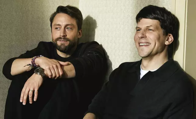 Kieran Culkin, left, and Jesse Eisenberg pose for a portrait to promote the film "A Real Pain" on Thursday, Oct. 17, 2024, in New York. (Photo by Taylor Jewell/Invision/AP)