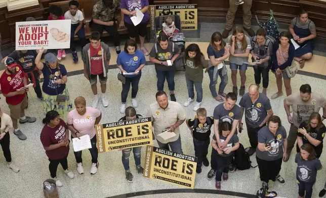 FILE - In this March 30, 2021 file photo, anti-abortion rights demonstrators gather in the rotunda at the Capitol while the Senate debated anti-abortion bills in Austin, Texas. (Jay Janner/Austin American-Statesman via AP, File)