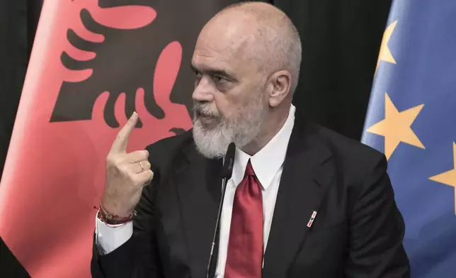 Prime Minister of Albania Edi Rama, speaks during a join news conference with Turkey's President Recep Tayyip Erdogan after their meeting, in Tirana, Albania, Thursday, Oct. 10, 2024. (AP Photo/Vlasov Sulaj)