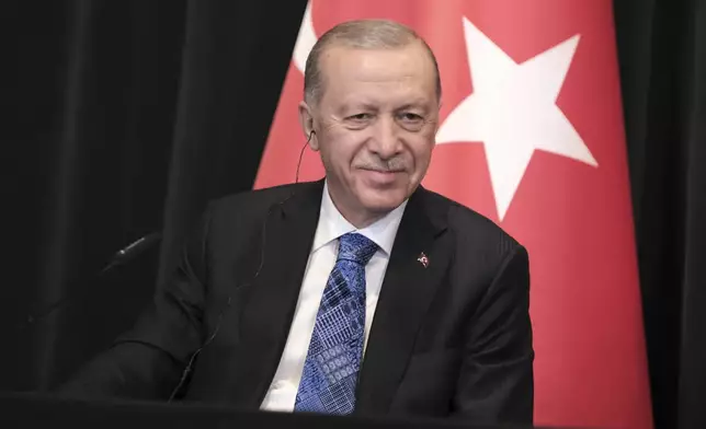 Turkey's President Recep Tayyip Erdogan looks on during a news conference with Prime Minister of Albania Edi Rama, after their meeting, in Tirana, Albania, Thursday, Oct. 10, 2024. (AP Photo/Vlasov Sulaj)