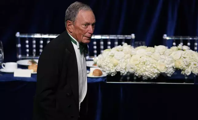 Michael Bloomberg arrives for the 79th annual Alfred E. Smith Memorial Foundation Dinner, Thursday, Oct. 17, 2024, in New York. (AP Photo/Julia Demaree Nikhinson)