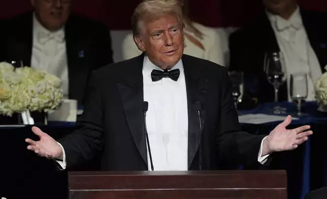 Republican presidential nominee former President Donald Trump speaks at the 79th annual Alfred E. Smith Memorial Foundation Dinner, Thursday, Oct. 17, 2024, in New York. (AP Photo/Julia Demaree Nikhinson)