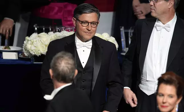 House Speaker Mike Johnson of La., arrives for the 79th annual Alfred E. Smith Memorial Foundation Dinner, Thursday, Oct. 17, 2024, in New York. (AP Photo/Julia Demaree Nikhinson)