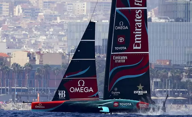 Emirates Team New Zealand's AC75 boat sails during America's Cup Preliminary Regatta ahead of the 37th America's Cup sailing race at the Barcelona's coast, Spain, Thursday, Aug. 22, 2024. (AP Photo/Joan Monfort, File)