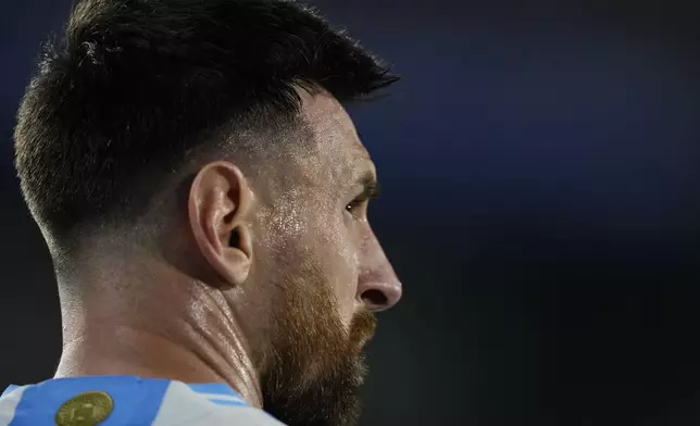 Argentina's Lionel Messi looks on during a World Cup 2026 qualifying soccer match against Bolivia at Monumental stadium in Buenos Aires, Argentina, Tuesday, Oct. 15, 2024. (AP Photo/Natacha Pisarenko)