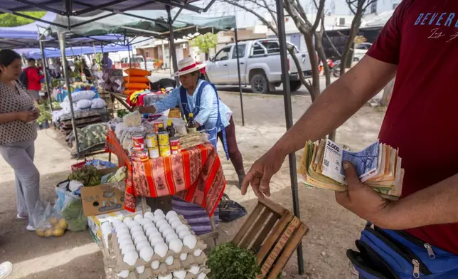 Daniel shows his cash earnings in "chacos" at the end of the day selling eggs at a market in La Rioja, Argentina, Saturday, Sept. 21, 2024. In response to slashed federal budgets to provinces, La Rioja is printing a new emergency tender called "chachos" to pay state workers and spur the economy. (AP Photo/Natalia Diaz)