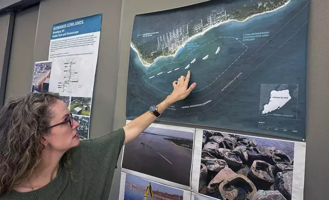 Landscape Architect Pippa Brashear describes the eight "Living Breakwaters" that are almost fully installed that she helped conceive on Thursday, Sept. 19, 2024. (AP Photo/Ted Shaffrey)