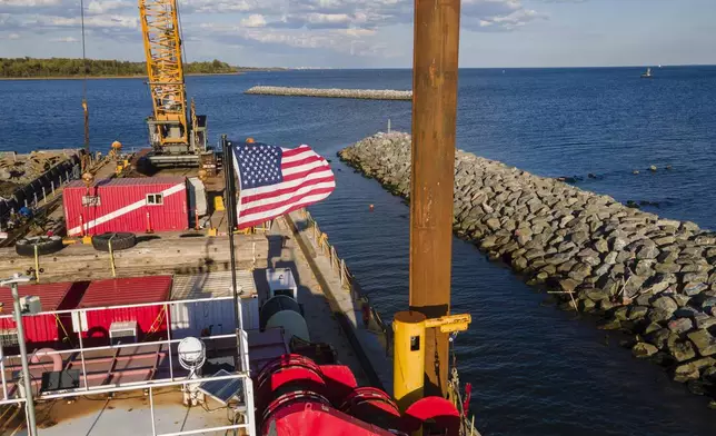 Construction is wrapping up on eight eco-friendly "Living Breakwaters" at the southernmost tip of New York City, off the coast of Staten Island, Wednesday, Oct. 9, 2024. (AP Photo/Ted Shaffrey)