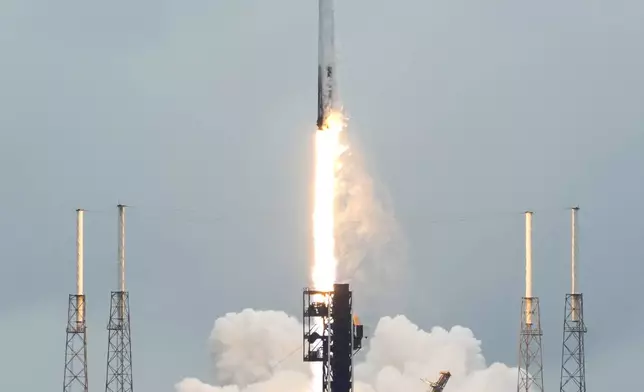 A SpaceX Falcon 9 rocket lifts off from the Cape Canaveral Space Force Station, Monday, Oct. 7, 2024 at Cape Canaveral, Fla., carrying a European spacecraft to an asteroid. (AP Photo/John Raoux)