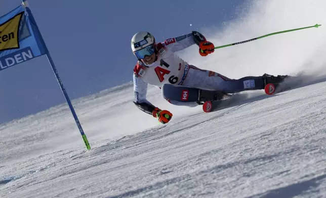 Norway's Alexander Steen Olsen speeds down the course during an alpine ski, men's World Cup giant slalom, in Soelden, Austria, Sunday, Oct. 27, 2024. (AP Photo/Marco Trovati)