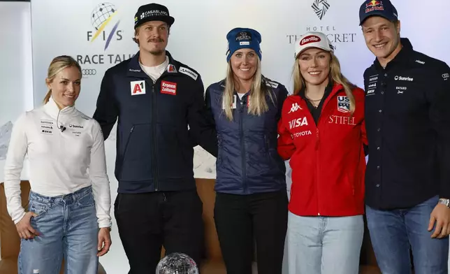 From left, Switzerland's Lara Gut Behrami, Austria's Manuel Feller, Austria's Cornelia Huetter, United States' Mikaela Shiffrin and Switzerland's Marco Odermatt meet the media ahead of an alpine ski, women's and men's World Cup giant slalom in Soelden Austria, Friday, Oct. 25, 2024. (AP Photo/Alessandro Trovati)