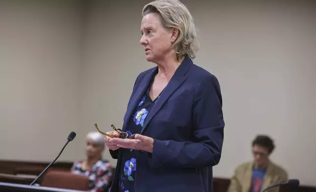 Special prosecutor Kari Morrissey answers a question from Judge T. Glenn Ellington during the plea hearing for Hannah Gutierrez-Reeds, the weapons supervisor on the set of the Western film “Rust," at the First Judicial District Courthouse in Santa Fe, N.M., Monday, Oct. 7, 2024. (Gabriela Campos/Santa Fe New Mexican via AP, Pool)