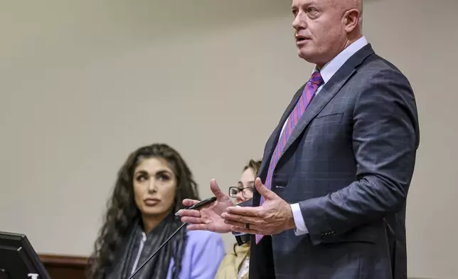 Jason Bowles, attorney for Hannah Gutierrez-Reed, the weapons supervisor on the set of the Western film “Rust," addresses Judge T. Glenn Ellington during Gutierrez-Reeds' plea hearing at the First Judicial District Courthouse in Santa Fe, N.M., Monday, Oct. 7, 2024. (Gabriela Campos/Santa Fe New Mexican via AP, Pool)