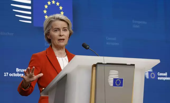 European Commission President Ursula von der Leyen speaks during a media conference at an EU summit in Brussels, Thursday, Oct. 17, 2024. (AP Photo/Geert Vanden Wijngaert)