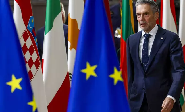 Netherland's Prime Minister Dick Schoof arrives to an EU summit in Brussels, Thursday, Oct. 17, 2024. (AP Photo/Geert Vanden Wijngaert)