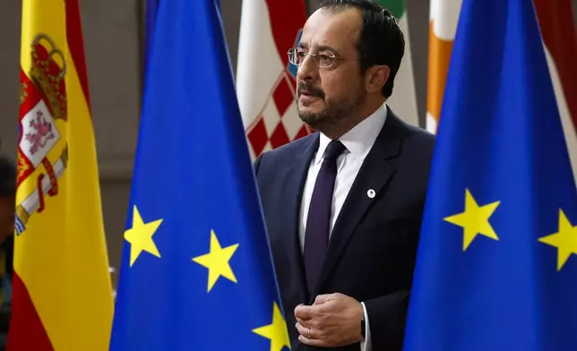 Cypriot President Nikos Christodoulides arrives to an EU summit in Brussels, Thursday, Oct. 17, 2024. (AP Photo/Geert Vanden Wijngaert)