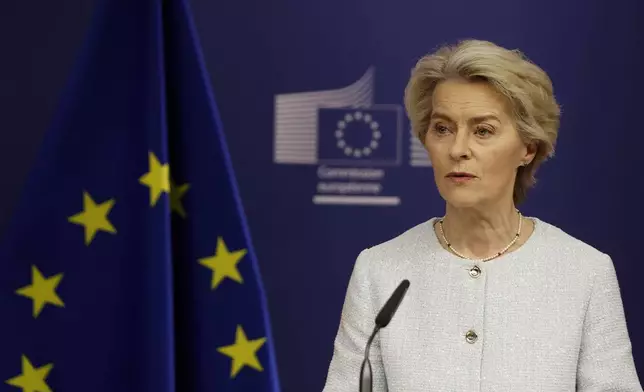 European Commission President Ursula von der Leyen speaks during a meeting with Britain's Prime Minister Keir Starmer in Brussels, Wednesday, Oct. 2, 2024.(AP Photo/Omar Havana)