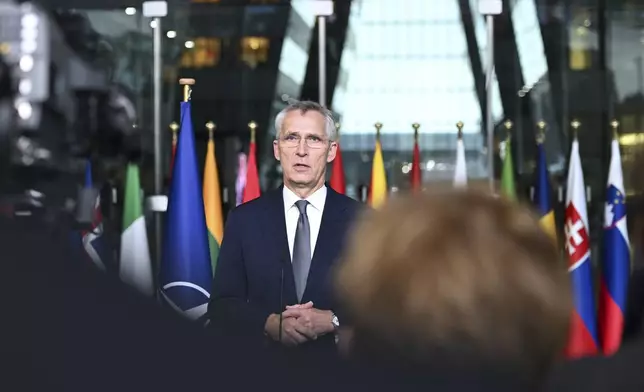 NATO Secretary General Jens Stoltenberg makes statements during a transition ceremony at NATO headquarters in Brussels, Belgium, Tuesday, Oct. 1, 2024. (AP Photo/Harry Nakos)