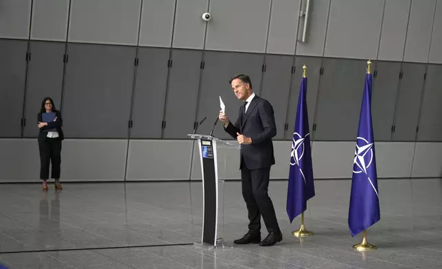 NATO Secretary General Mark Rutte delivers a statement, after a meeting with a high level South Korean delegation including top intelligence and military officials as well as senior diplomats briefed NATO diplomats, at NATO headquarters in Brussels on Monday, Oct. 28, 2024. (AP Photo/Virginia Mayo)