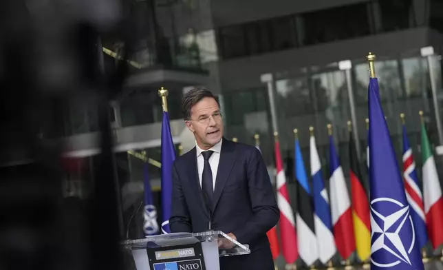 NATO Secretary General Mark Rutte delivers a statement, after a meeting with a high level South Korean delegation including top intelligence and military officials as well as senior diplomats briefed NATO diplomats, at NATO headquarters in Brussels on Monday, Oct. 28, 2024. (AP Photo/Virginia Mayo)