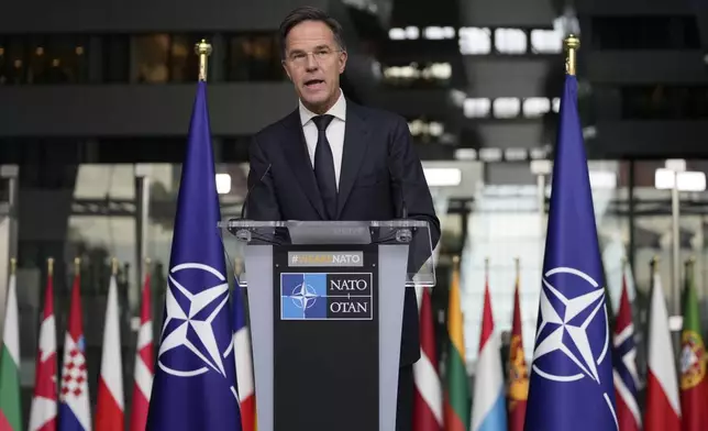 NATO Secretary General Mark Rutte delivers a statement, after a meeting with a high level South Korean delegation including top intelligence and military officials as well as senior diplomats briefed NATO diplomats, at NATO headquarters in Brussels on Monday, Oct. 28, 2024. (AP Photo/Virginia Mayo)