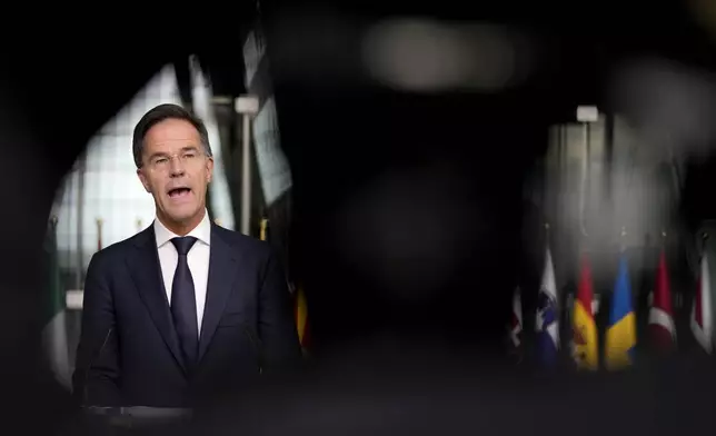 NATO Secretary General Mark Rutte delivers a statement, after a meeting with a high level South Korean delegation including top intelligence and military officials as well as senior diplomats briefed NATO diplomats, at NATO headquarters in Brussels on Monday, Oct. 28, 2024. (AP Photo/Virginia Mayo)