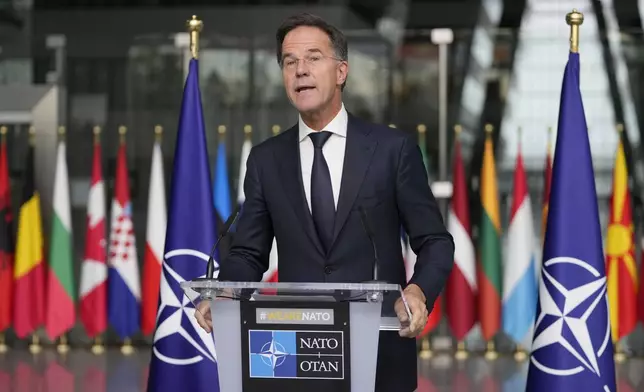 NATO Secretary General Mark Rutte delivers a statement, after a meeting with a high level South Korean delegation including top intelligence and military officials as well as senior diplomats briefed NATO diplomats, at NATO headquarters in Brussels on Monday, Oct. 28, 2024. (AP Photo/Virginia Mayo)