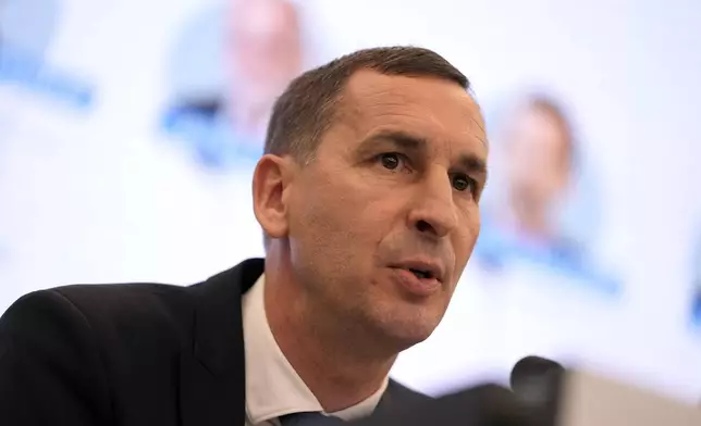 President of FIFPRO Europe David Terrier speaks during a media conference on protecting player health and safeguarding the sustainability of national leagues at the Residence Palace in Brussels, on Monday, Oct. 14, Oct. 8, 2024. (AP Photo/Virginia Mayo)