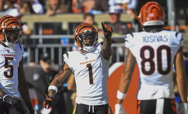 Cincinnati Bengals wide receiver Ja'Marr Chase (1) celebrates a touchdown reception in the second half of an NFL football game against the Cleveland Browns, Sunday, Oct. 20, 2024, in Cleveland. (AP Photo/David Richard)