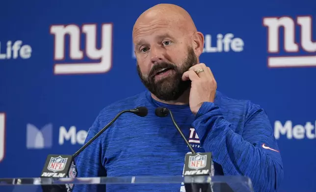 New York Giants head coach Brian Daboll speaks during a news conference after an NFL football game against the Cincinnati Bengals, Sunday, Oct. 13, 2024, in East Rutherford, N.J. The Bengals won 17-7. (AP Photo/Frank Franklin II)