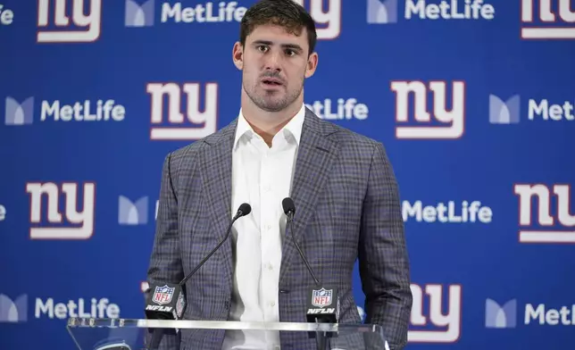 New York Giants quarterback Daniel Jones speaks during a news conference after an NFL football game against the Cincinnati Bengals, Sunday, Oct. 13, 2024, in East Rutherford, N.J. The Bengals won 17-7. (AP Photo/Frank Franklin II)