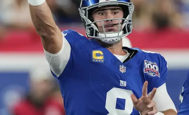 New York Giants quarterback Daniel Jones (8) throws a pass during the first half of an NFL football game against the Cincinnati Bengals, Sunday, Oct. 13, 2024, in East Rutherford, N.J. (AP Photo/Seth Wenig)