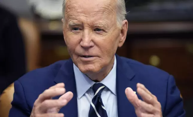 President Joe Biden delivers remarks on the federal government's response to Hurricane Helene and preparations for Hurricane Milton in the Roosevelt Room of the White House, Tuesday, Oct. 8, 2024, in Washington. (AP Photo/Evan Vucci)