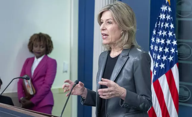 White House Homeland Security Advisor Liz Sherwood-Randall speaks as White House press secretary Karine Jean-Pierre listens Monday, Sept. 30, 2024, during a press briefing at the White House in Washington. (AP Photo/Mark Schiefelbein)