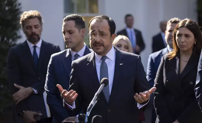 President of Cyprus Nikos Christodoulides speaks to the media after meeting with President Joe Biden at the White House in Washington, Wednesday, Oct. 30, 2024. (AP Photo/Ben Curtis)