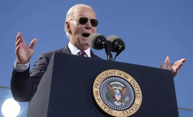 President Joe Biden speaks at the Gila Crossing Community School in the Gila River Indian Community reservation in Laveen, Ariz., Friday, Oct. 25, 2024. (AP Photo/Manuel Balce Ceneta)