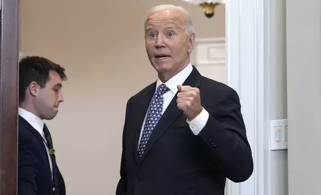 President Joe Biden speaks to reporters as he departs the Roosevelt Room of the White House in Washington after speaking about the federal response efforts for Hurricane Helene, Monday, Sept. 30, 2024. (AP Photo/Susan Walsh)