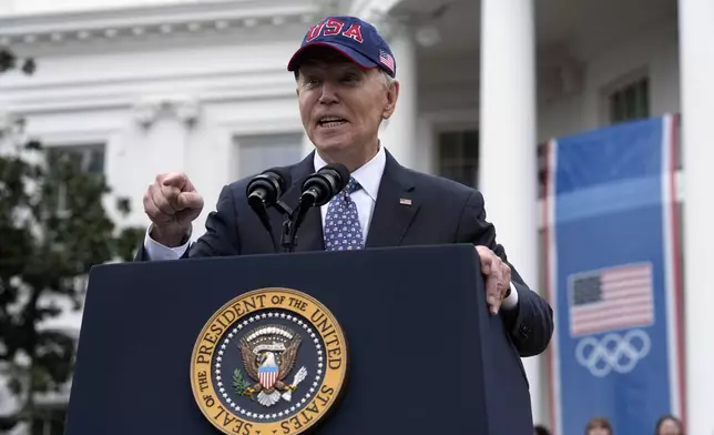 President Joe Biden delivers remarks at an event celebrating the 2024 U.S. Olympic and Paralympic teams on the South Lawn of the White House in Washington, Monday, Sept. 30, 2024. (AP Photo/Susan Walsh)