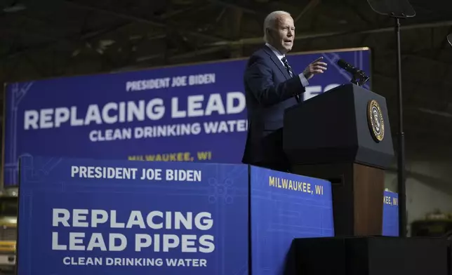 President Joe Biden speaks at an event at the Milwaukee Department of Public Works in Milwaukee, Tuesday, Oct. 8, 2024, to discuss his administration's progress in replacing lead pipes in Wisconsin and across the country. (AP Photo/Susan Walsh)