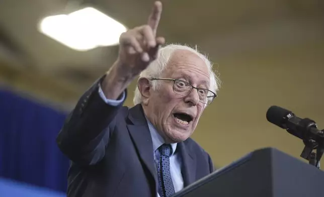 Sen. Bernie Sanders, D-N.H., speaks before President Joe Biden arrives to deliver remarks on lowering the cost of prescription drugs, at NHTI Concord Community College, Tuesday, Oct. 22, 2024, in Concord, N.H. (AP Photo/Manuel Balce Ceneta)