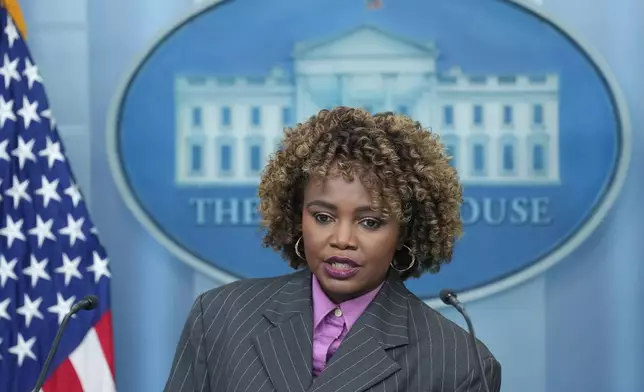 White House press secretary Karine Jean-Pierre, who was promoted to senior adviser to the President, speaks during the daily briefing at the White House in Washington, Monday, Oct. 7, 2024. (AP Photo/Susan Walsh)