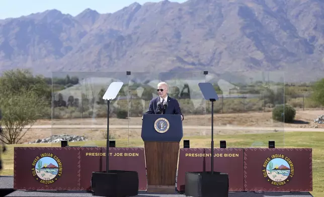 President Joe Biden speaks at the Gila Crossing Community School, Friday, Oct. 25, 2024, in Laveen, Ariz. (AP Photo/Rick Scuteri)