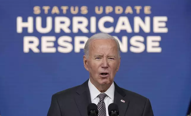 President Joe Biden speaks and gives an update on the impact and the ongoing response to Hurricane Milton, in the South Court Auditorium on the White House complex in Washington, Thursday, Oct. 10, 2024. (AP Photo/Susan Walsh)