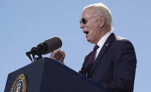 President Joe Biden speaks at the Gila Crossing Community School in the Gila River Indian Community reservation in Laveen, Ariz., Friday, Oct. 25, 2024. (AP Photo/Manuel Balce Ceneta)