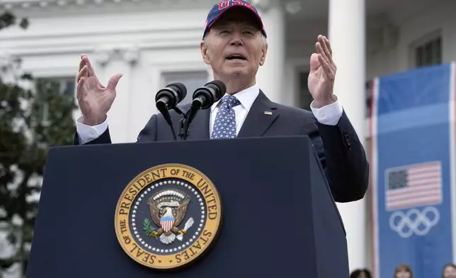 President Joe Biden delivers remarks at an event celebrating the 2024 U.S. Olympic and Paralympic teams on the South Lawn of the White House in Washington, Monday, Sept. 30, 2024. (AP Photo/Susan Walsh)