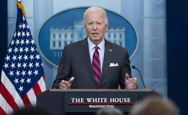 President Joe Biden speaks at the top of the daily briefing at the White House in Washington, Friday, Oct. 4, 2024. (AP Photo/Ben Curtis)